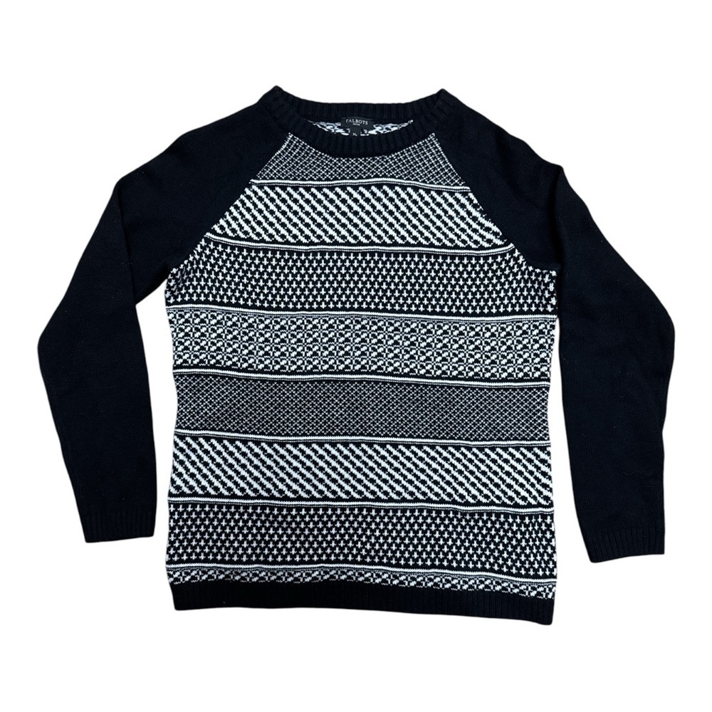 Talbots Black and White Crew Neck Sweater with Geometric Design